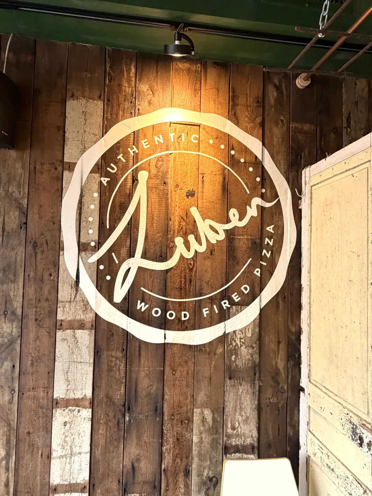 The Luben wood-fired logo sign on a timber wall