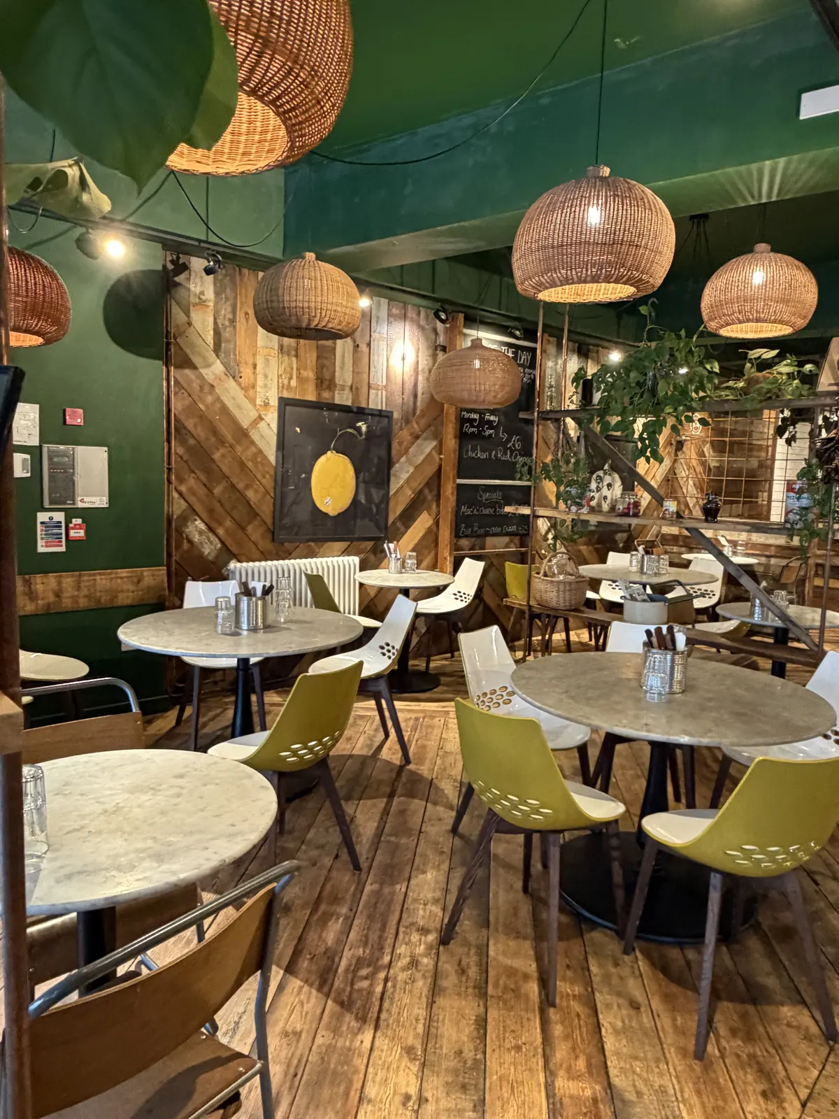 Luben dining room with a green ceiling and wicker pendants